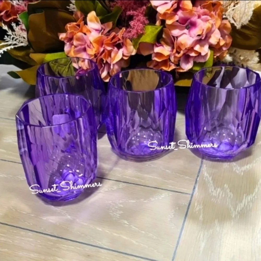 RACHEL ZOE 4pc PURPLE ACRYLIC Crystal TUMBLER Cup Drink GLASS Set NEW